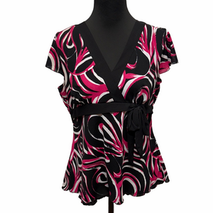 Maurices Womens XXL Pink Black Swirl V Neck Empire Waist Short Sleeve Blouse